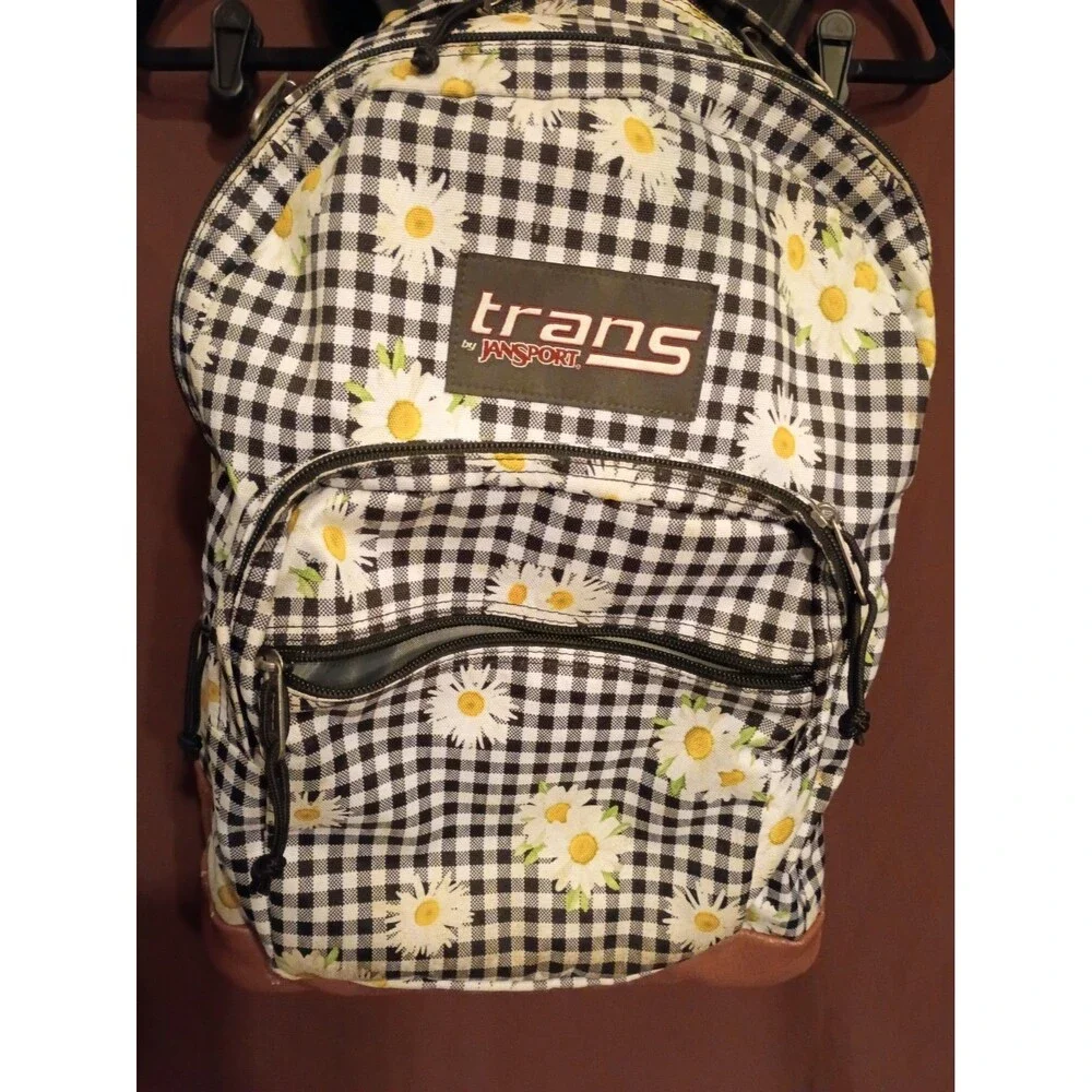 Jansport Cool Backpack Black & White Gingham Daisy Floral Brown Trim Please Read